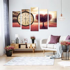 Tablolife Kalp Ağacı 60 x 90 cm Saatli 5 Parçalı Kanvas Tablo