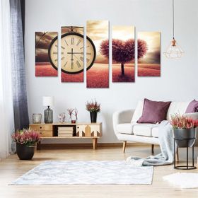 Tablolife Kalp Ağacı 60 x 90 cm Saatli 5 Parçalı Kanvas Tablo