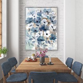 Tablolife Mavi Beyaz Çiçekler 60x90 cm Yağlı Boya Dokulu Tablo