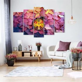 Tablolife Mor Yapraklar Saatli 5 Parçalı 60 x 100 cm Kanvas Tablo