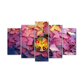 Tablolife Mor Yapraklar Saatli 5 Parçalı 60 x 100 cm Kanvas Tablo