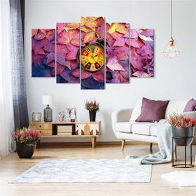 Tablolife Mor Yapraklar Saatli 5 Parçalı 60 x 100 cm Kanvas Tablo