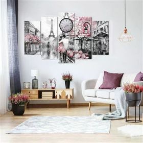 Tablolife Pariste Bir Çift Saatli 5 Parçalı 60 x 100 cm Kanvas Tablo