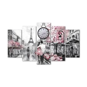 Tablolife Pariste Bir Çift Saatli 5 Parçalı 60 x 100 cm Kanvas Tablo