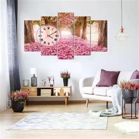 Tablolife Pembe Yapraklı Yol Saatli 60x100 cm 5 Parçalı Kanvas Tablo