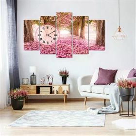 Tablolife Pembe Yapraklı Yol Saatli 60x100 cm 5 Parçalı Kanvas Tablo