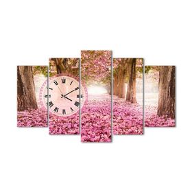 Tablolife Pembe Yapraklı Yol Saatli 60x100 cm 5 Parçalı Kanvas Tablo