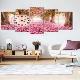 Tablolife Pembe Yapraklı Yol Saatli 60x100 cm 5 Parçalı Kanvas Tablo