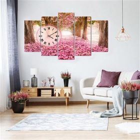 Tablolife Pembe Yapraklı Yol Saatli 60x100 cm 5 Parçalı Kanvas Tablo