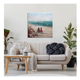 Tablolife Sahilde Bisiklet Süren Çift 80x80 cm Yağlı Boya Dokulu Tablo