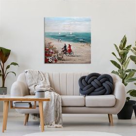 Tablolife Sahilde Bisiklet Süren Çift 80x80 cm Yağlı Boya Dokulu Tablo