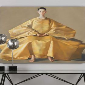 Tablolife Sarı Elbiseli Kadın 80x80 cm Yağlı Boya Dokulu Tablo