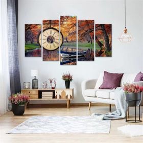 Tablolife Sonbaharda Göl Saatli 60x100 cm 5 Parçalı Kanvas Tablo