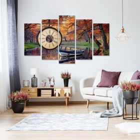 Tablolife Sonbaharda Göl Saatli 60x100 cm 5 Parçalı Kanvas Tablo