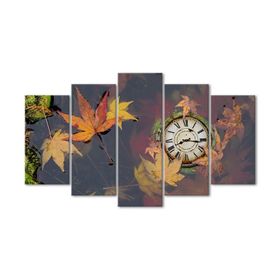 Tablolife Suda Güz Yaprakları 75 x 150 cm Saatli 5 Parçalı Kanvas Tablo