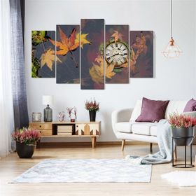 Tablolife Suda Güz Yaprakları 75 x 150 cm Saatli 5 Parçalı Kanvas Tablo