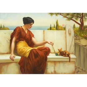 Tablolife Tüyle Oynayan Kedi ve Kadın 35 x 50 cm Kanvas Tablo