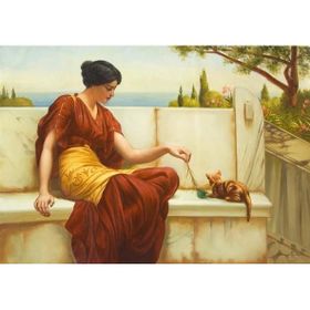 Tablolife Tüyle Oynayan Kedi ve Kadın 35 x 50 cm Kanvas Tablo