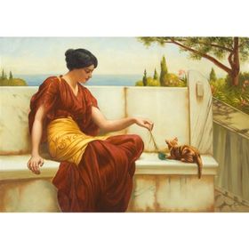 Tablolife Tüyle Oynayan Kedi ve Kadın 35 x 50 cm Kanvas Tablo