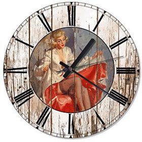 Tablomega Kırmızı Elbiseli Gil Elvgren Şekilli 50x50 cm Duvar Saati