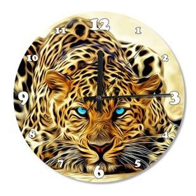 Tablomega Mavi Gözlü Leopar Ahşap Duvar Saati Duvar Saati