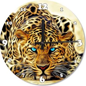Tablomega Mavi Gözlü Leopar Ahşap Duvar Saati Duvar Saati