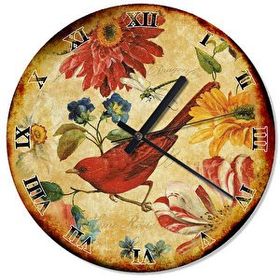 Tablomega Saat-1384-50 Kırmızı Kuş ve Çiçekler Baskılı 50 cm Duvar Saati