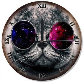 Tablomega SAAT-435-30 Mavi Bordo Gözlüklü Kedi Şekilli 30 cm Çap Duvar Saati