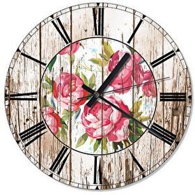 Tablomega SAAT-603-50 Pembe Güller Ahşap Görünümlü Zemin Şekilli 50cm Çap Duvar Saati