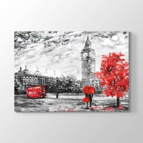 Tabloshop Kırmızı Ağaç ve Saat Kulesi 140x100 cm Tablo