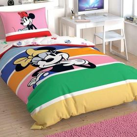 Taç Lisanslı Disney Minnie Mouse Rainbow Pamuk Tek Kişilik Nevresim Takımı