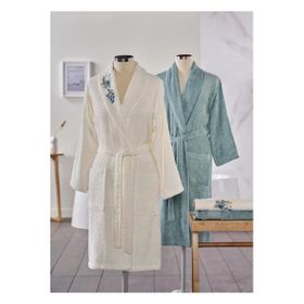 Taç Soft Bamboo Darla Çift Kişilik Ekru Mavi Bambu Bornoz Seti
