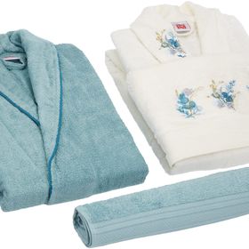 Taç Soft Bamboo Darla Çift Kişilik Ekru Mavi Bambu Bornoz Seti
