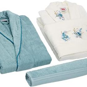 Taç Soft Bamboo Darla Çift Kişilik Ekru Mavi Bambu Bornoz Seti