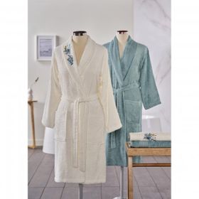 Taç Soft Bamboo Darla Çift Kişilik Ekru Mavi Bambu Bornoz Seti