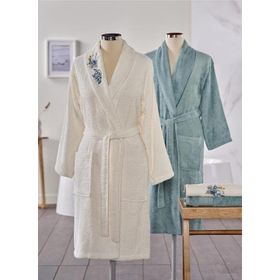 Taç Soft Bamboo Darla Çift Kişilik Ekru Mavi Bambu Bornoz Seti