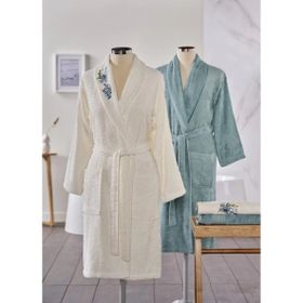 Taç Soft Bamboo Darla Çift Kişilik Ekru Mavi Bambu Bornoz Seti