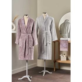 Taç Soft Lina Bamboo Mürdüm - Gri Çift Kişilik Bambu Aile Bornoz Seti