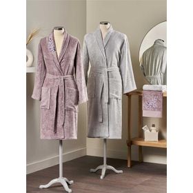 Taç Soft Lina Bamboo Mürdüm - Gri Çift Kişilik Bambu Aile Bornoz Seti