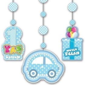 Tahtakale Toptancıları Mavi Renk 3'lü Set 12x45 cm 1 Yaş Temalı Asmalı Süs İp