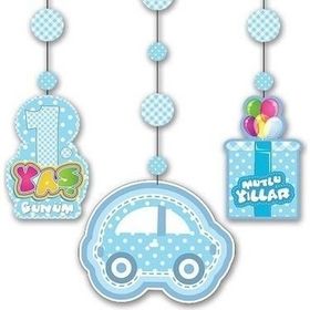 Tahtakale Toptancıları Mavi Renk 3'lü Set 12x45 cm 1 Yaş Temalı Asmalı Süs İp