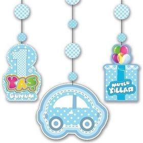Tahtakale Toptancıları Mavi Renk 3'lü Set 12x45 cm 1 Yaş Temalı Asmalı Süs İp