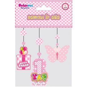 Tahtakale Toptancıları Pembe Renk 3'lü Set 12x45 cm 1 Yaş Temalı Asmalı Süs İp