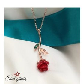 Takıhan 925 Ayar Gümüş Kırmızı Gül Kolye