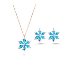 Takıhan 925 Ayar Lotus Çiçeği Aquamarin Taşlı Rose Gümüş Kolye Küpe Set