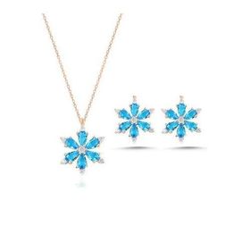 Takıhan 925 Ayar Lotus Çiçeği Aquamarin Taşlı Rose Gümüş Kolye Küpe Set