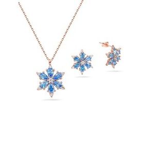Takıhan 925 Ayar Lotus Çiçeği Aquamarin Taşlı Rose Gümüş Kolye Küpe Set