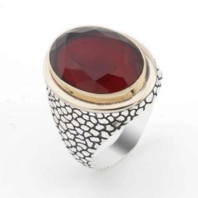 Takıhan TH2356 Oval Kırmızı Zirkon Taşlı Desenli Gümüş Erkek 925 Ayar Yüzük