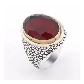 Takıhan TH2356 Oval Kırmızı Zirkon Taşlı Desenli Gümüş Erkek 925 Ayar Yüzük