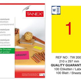 Tanex TW-2000 210x297 mm 100'lü Sarı Floresan Laser Etiket